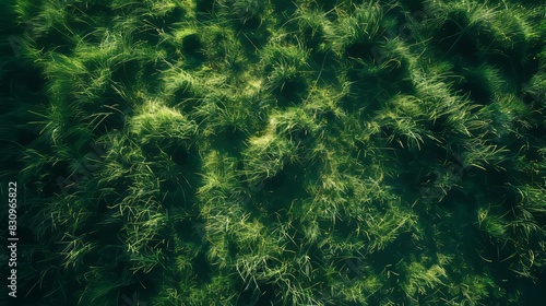 Green grass texture background. Top view of green field with lush grass in sunlight in the morning.