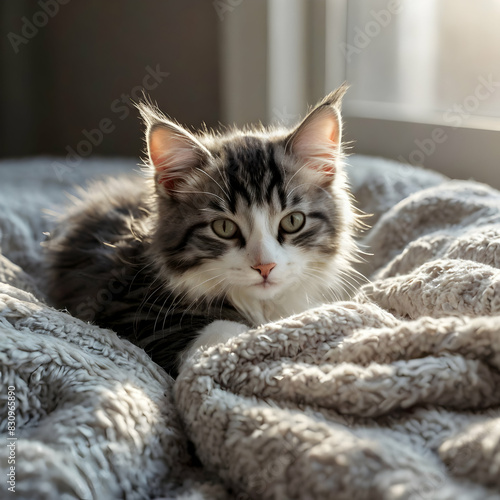 A fluffy kitten, with a mix of black, white, and gray fur, rests face-down on a comfortable bed © boubker