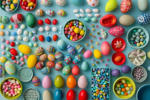 Easter eggs and candy laid out across table. photo