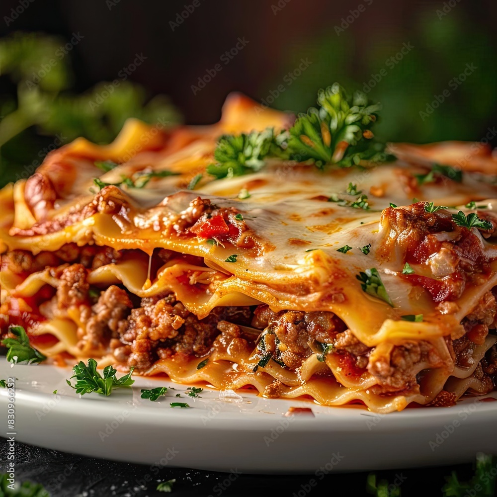 Fototapeta premium Delicious homemade lasagna with layers of pasta, meat sauce, and cheese, garnished with fresh parsley on a white plate.