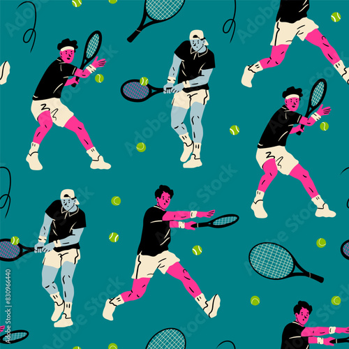 Set of men playing Tennis. Various positions. Sportsmen holding rackets and hitting ball. Cartoon flat style. Hand drawn modern Vector illustration. Square seamless Pattern, background, wallpaper