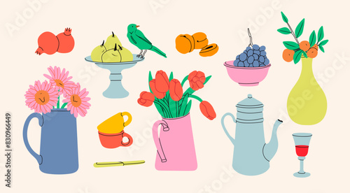 Classical still life picture elements. Flowers in vase, fruits on plate, jug with drink, cups. Hand drawn colorful Vector illustration. Isolated design elements. Poster, icon, logo, print templates