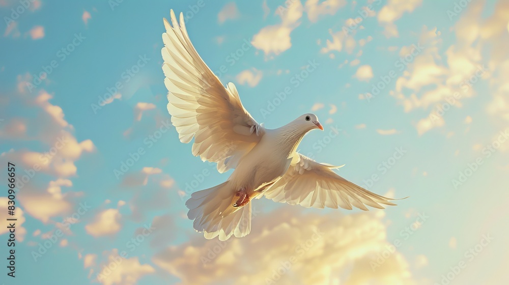 Fototapeta premium White dove flying against blue sky.