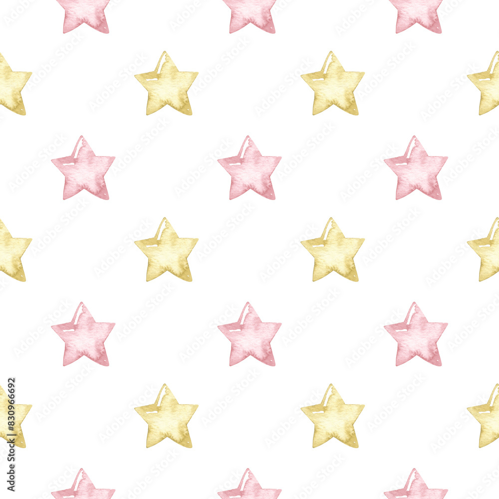 Minimalist seamless pattern with pink and gold stars.Watercolor hand painted seamless pattern for baby girl . Minimalist seamless pattern with pink and gold stars.Watercolor hand painted seamless pattern for baby girl .