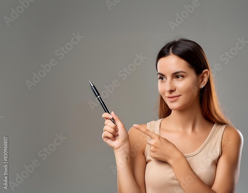 Young brown woman indicates a point with the pen held in one hand and the index finger of the other hand. Mockup. Copy space. 