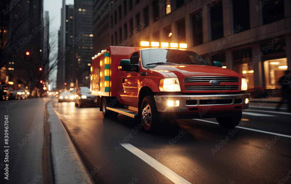 red ambulance in the traffic in the night created with Generative AI technology red ambulance in the traffic in the night created with Generative AI technology