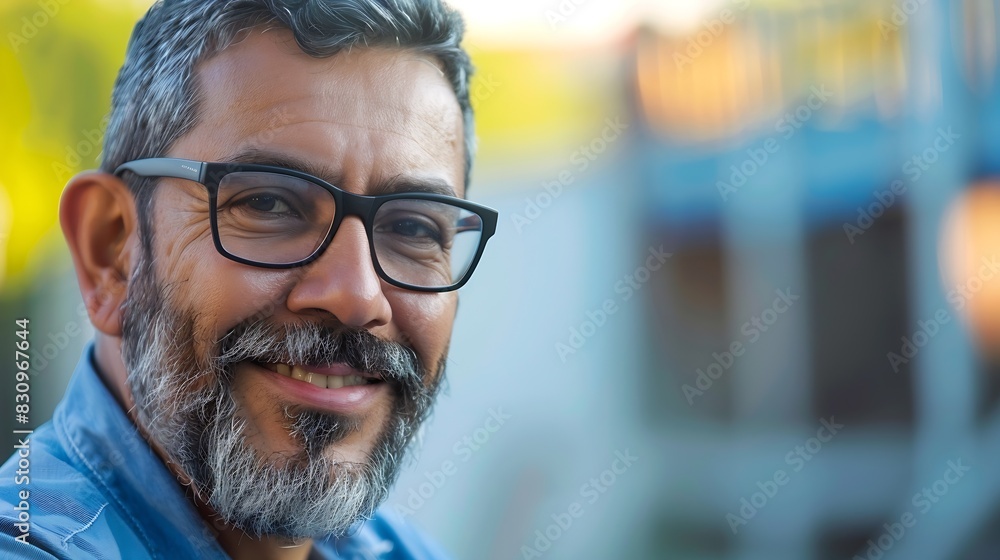 Portrait of happy mature man wearing spectacles and looking at camera outdoor Man with beard and glasses feeling confident Close up face of hispanic business man smiling : Generative AI Portrait of happy mature man wearing spectacles and looking at camera outdoor Man with beard and glasses feeling confident Close up face of hispanic business man smiling : Generative AI