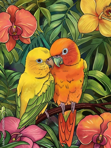 Two Vibrant Parrots Perched on Branch in Tropical Garden During