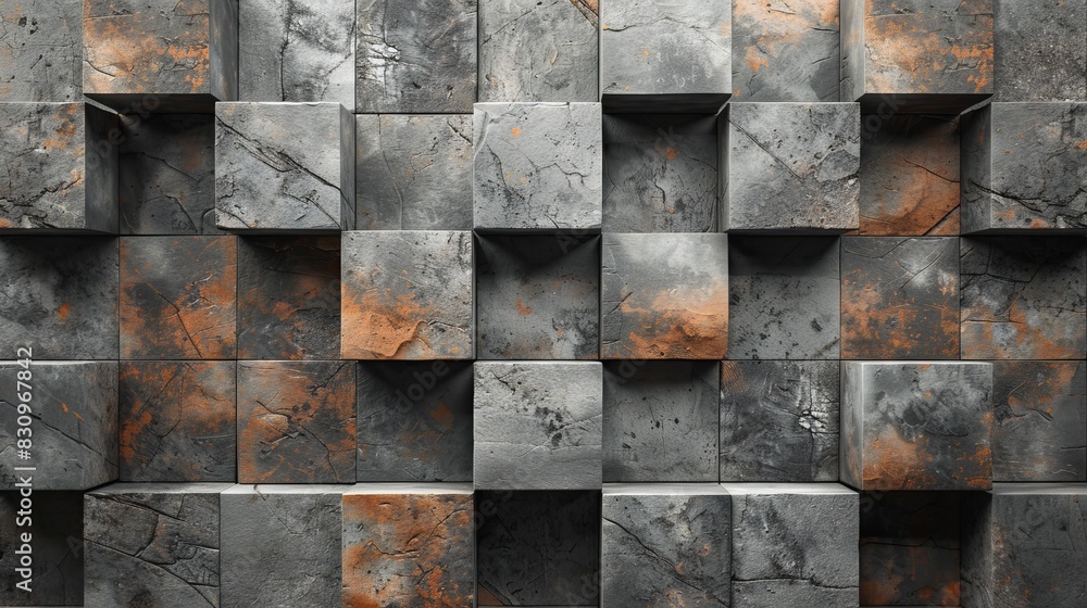 A wall made of cubic stones with varying degrees of aging and rust stains, creating a textured 3D look