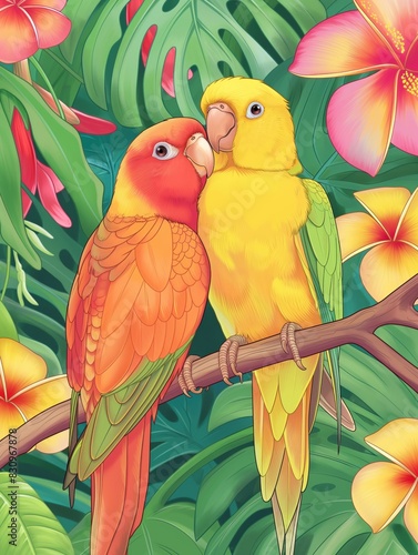 Two Vibrant Parrots Perched on Branch in Tropical Garden During