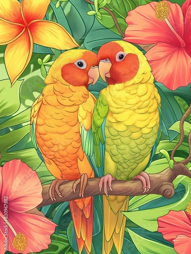 Two Vibrant Parrots Perched on Branch in Tropical Garden During
