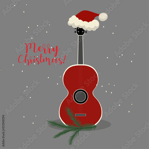 Flat Design Merry Christmas Illustration with Guitar and Santa Hat