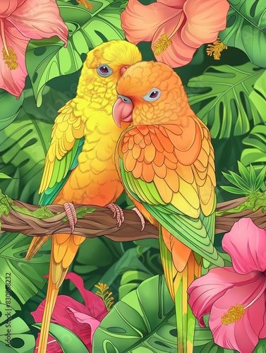 Two Vibrant Parrots Perched on Branch in Tropical Garden During