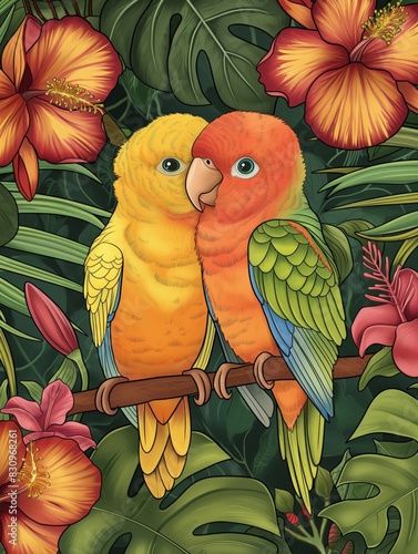 Two Vibrant Parrots Perched on Branch in Tropical Garden During