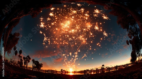 A stunning fish-eye lens capture of fireworks amidst silhouetted trees under a twilight sky