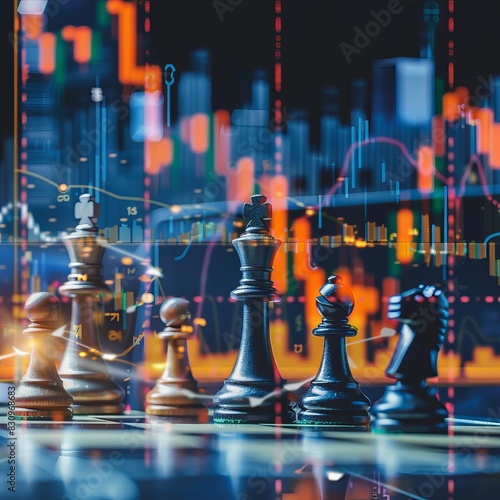  The game of chess, elevated by a backdrop of fluctuating stock graphs, highlighting the dual challenges of strategy and finance