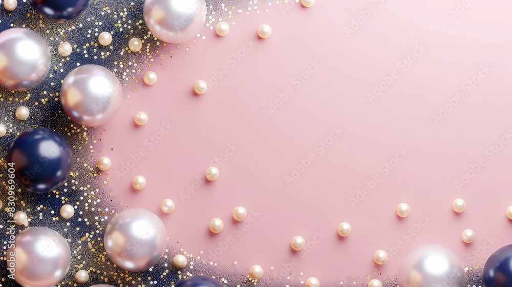 A candy pink background with sophisticated navy blue and white pearls, highlighted by gold glitter, perfect for a luxurious Women's Day event. A candy pink background with sophisticated navy blue and white pearls, highlighted by gold glitter, perfect for a luxurious Women's Day event.