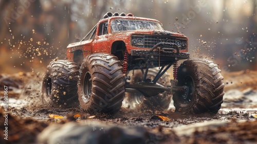A red monster truck is driving through mud