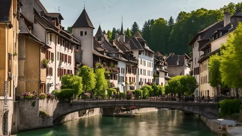 Annecy old town cityscape and Thiou river view and bridge photo