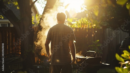A father stands in the sunlight in his backyard while preparing a family barbecue.
