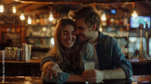 A fun young couple enjoying their free time at a bar. and hug each other warmly
