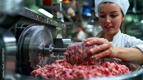 An attentive young female butcher processes meat using a grinder in a modern meat factory photo