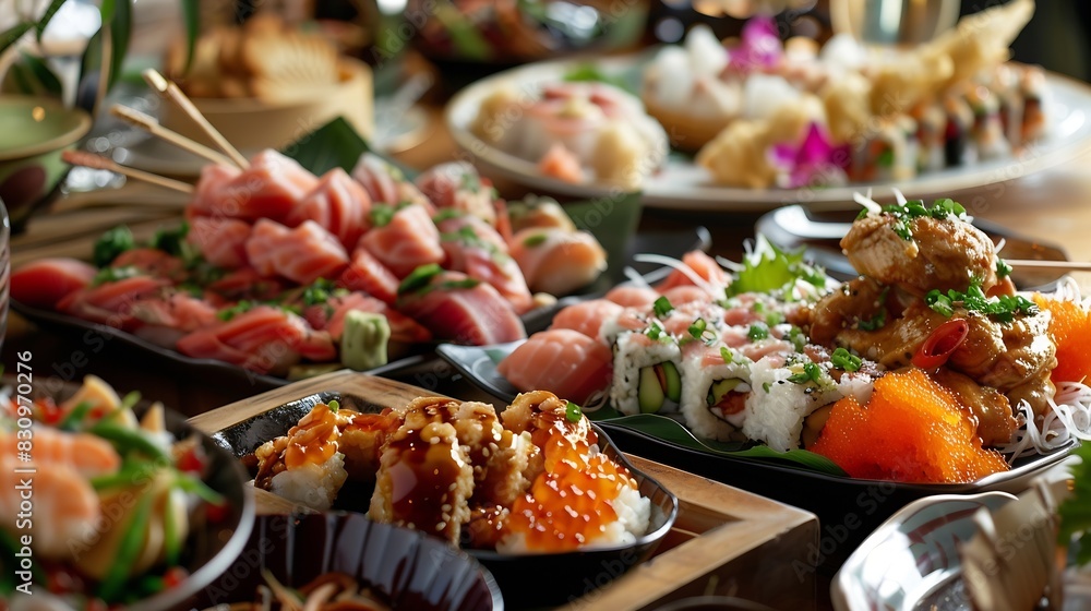 Mix of Japanese food on restaurant table : Generative AI Mix of Japanese food on restaurant table : Generative AI