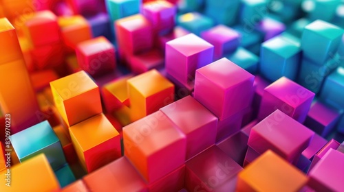 Abstract 3D cube blocks, bright colors, geometric shapes.