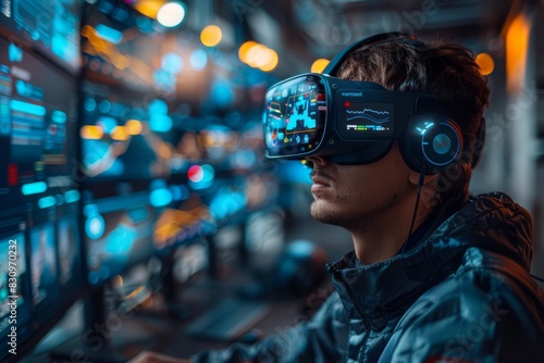 A person engaged in virtual reality with modern tech equipment around © Odin AI