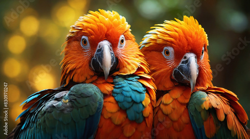  two majestic birds together looking at camera with a fiery palette of orange and Red feathers