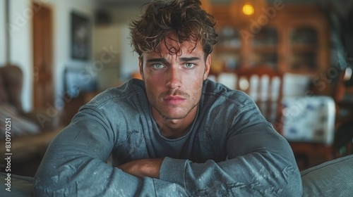 A young man with intense blue eyes and crossed arms portrays determination in a home interior © familymedia