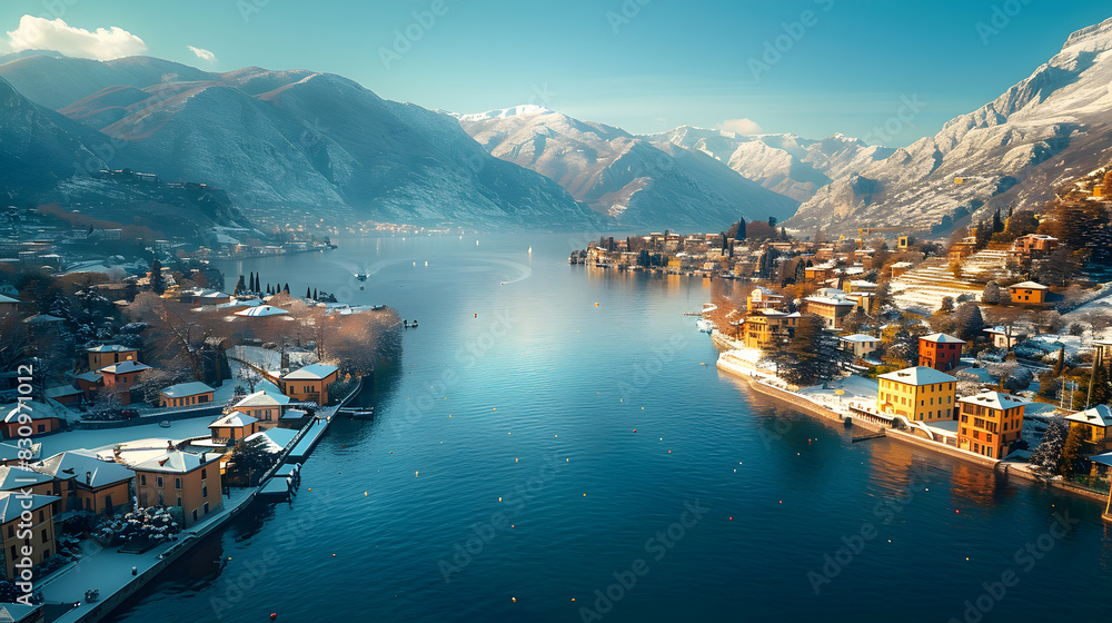A photo featuring the serene shores of Lake Como in winter, viewed from above. Highlighting the snow-capped mountains and tranquil waters, while surrounded by charming lakeside villages