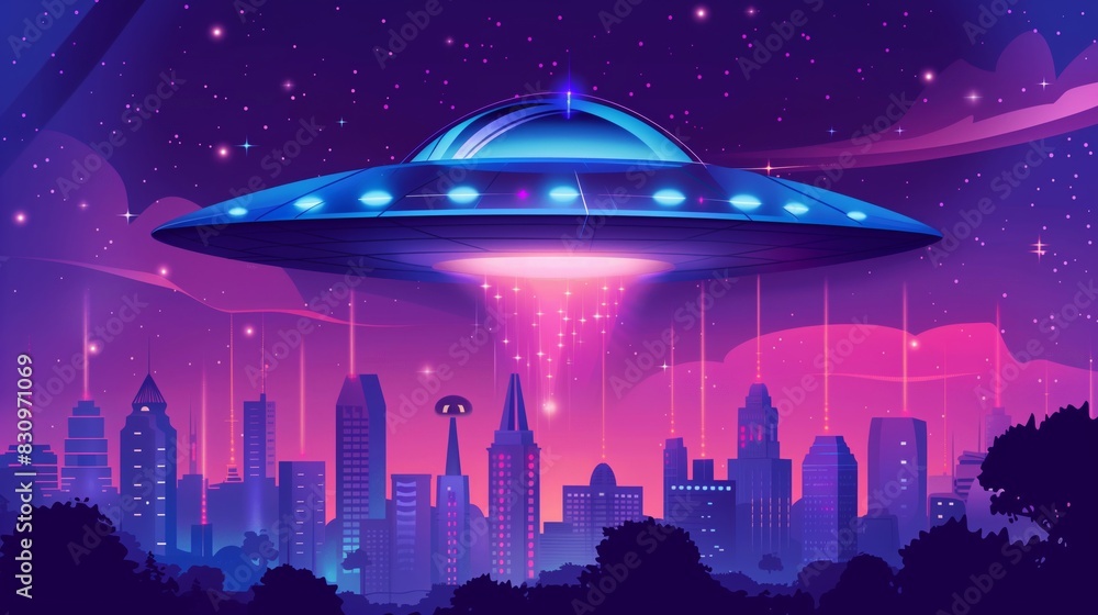 UFO Hovering Over Evergreen Forest Illuminated by Twilight Sky UFO Hovering Over Evergreen Forest Illuminated by Twilight Sky