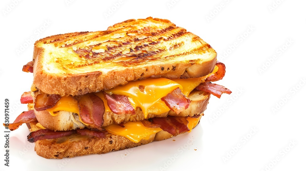 Delicious toasted sandwiches with cheddar cheese and bacon isolated on white background top view : Generative AI Delicious toasted sandwiches with cheddar cheese and bacon isolated on white background top view : Generative AI