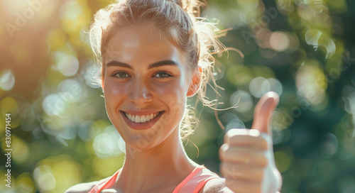 Portrait of a happy young woman doing a thumbs up with copy space  wearing sportswear and smiling while showing a hand gesture in nature.