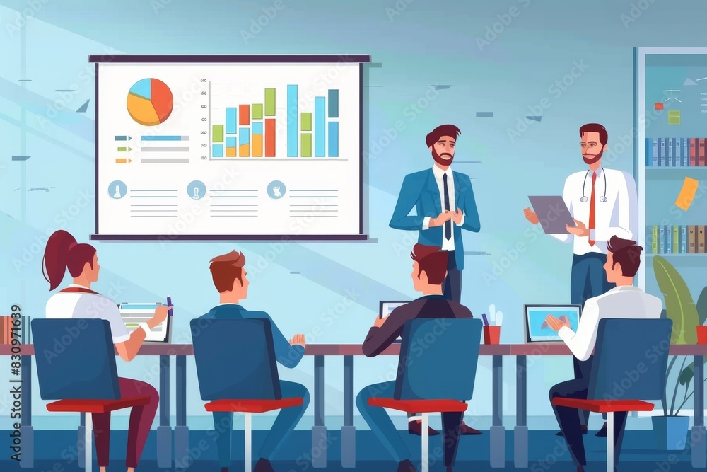 Digital illustration of a business presentation with professionals engaged in a modern office environment Digital illustration of a business presentation with professionals engaged in a modern office environment