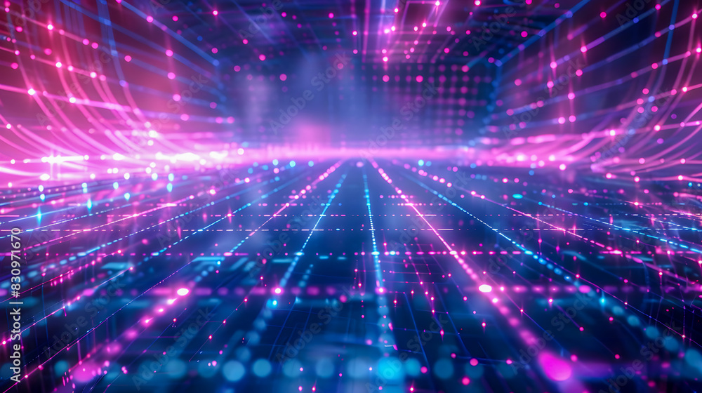 Cyan blue and purple grids neon glow light lines design on perspective floor, creativity, digital Cyan blue and purple grids neon glow light lines design on perspective floor, creativity, digital