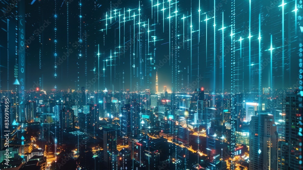 Digital Cityscape with Data Streams at Night