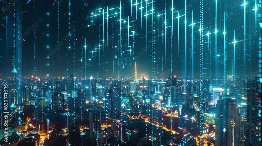 Digital Cityscape with Data Streams at Night Digital Cityscape with Data Streams at Night