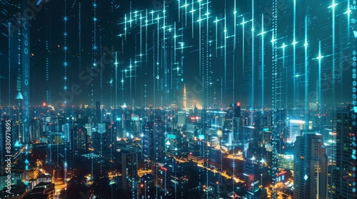 Digital Cityscape with Data Streams at Night