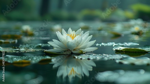 Minimalist French Garden A Lone White Water Lily Floating Peacefully on a Still Pond Surface