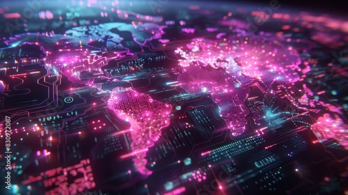 Glowing Digital World Map with Neon Lights