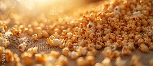 Vegan plant-based healthy snack  organic popcorn bed in modern minimalist trendy stylish cinema  macro product photography  close-up  sunny  bright  isolated  bokeh  shadow play