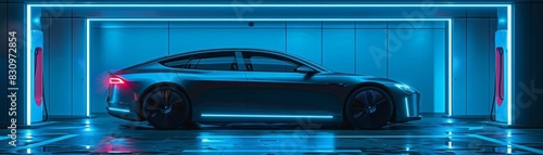Sleek black car in a futuristic blue lit garage.