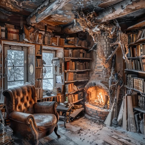 Cozy rustic library with a roaring fireplace, leather armchair, and countless books, creating a perfect winter reading nook.