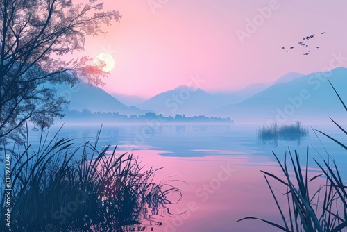 Serene sunrise landscape over a misty lake, with mountains in the background and a tranquil atmosphere, perfect for relaxation and reflection.