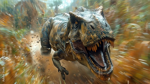 This dynamic image captures a Tyrannosaurus Rex running with a powerful sense of speed and urgency, complete with dirt flying and motion blur