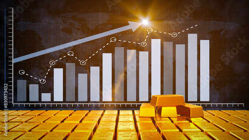 Gold bars against the background of charts and columns of the financial market. 3D render.