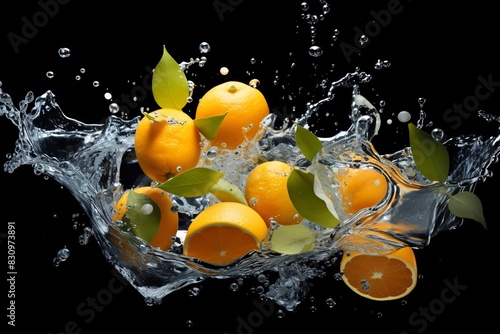 oranges falling into water with water splashing