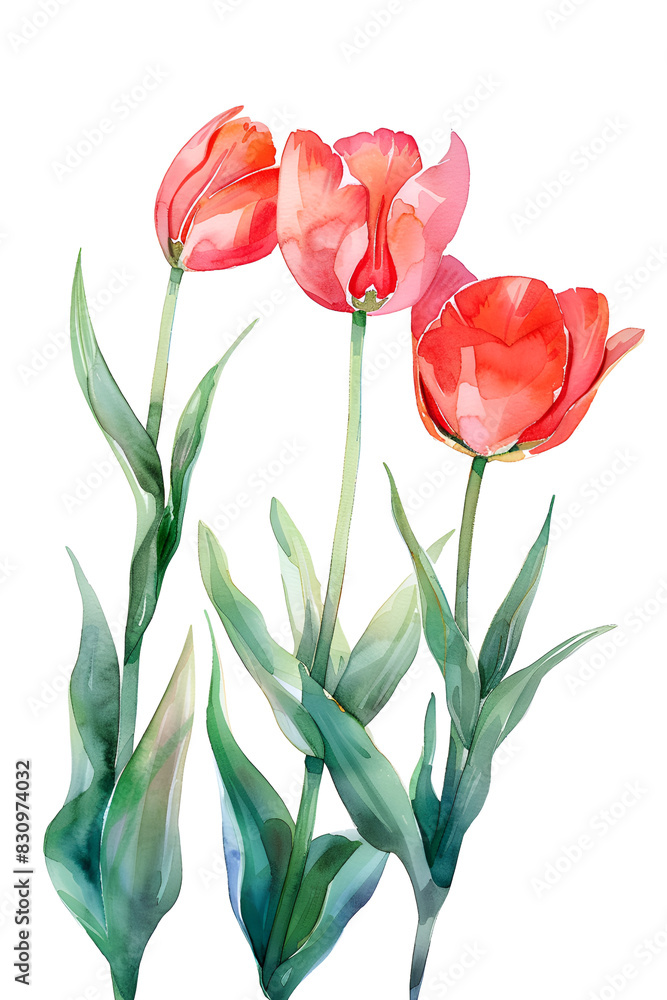 Watercolor Tulips with Green Leaves on White Background, Generative AI Watercolor Tulips with Green Leaves on White Background, Generative AI